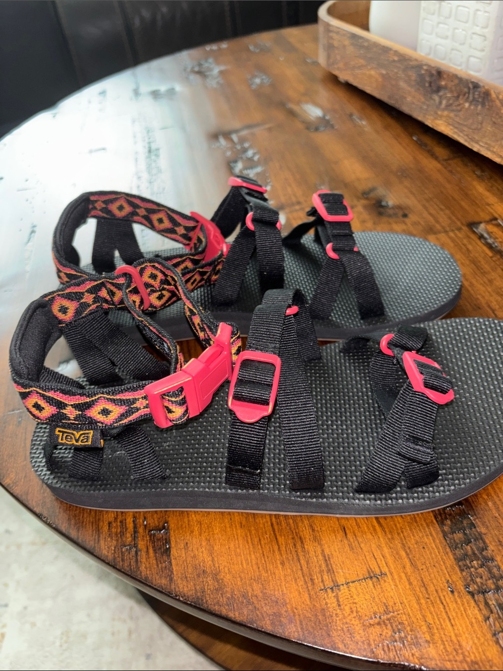 Teva Black Sandals with Pink Accents and Geometric Strap